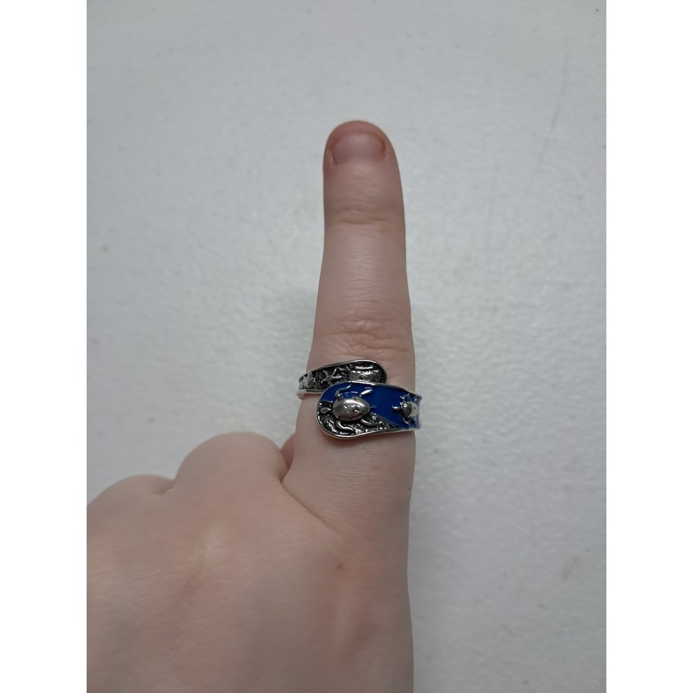 Sea Turtle Starfish Blue Enamel Silver Tone‎ Bypass Wrap Ring Adjustable Coastal